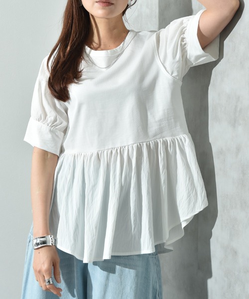 INTERPLANET（インタープラネット）の「異素材使い半袖プルオーバー（Tシャツ/カットソー・レディース・ブラウン/チャコールグレー/オフホワイト・FREE）」の2枚目の写真