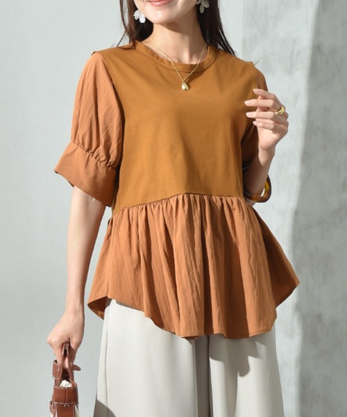 INTERPLANET（インタープラネット）の「異素材使い半袖プルオーバー（Tシャツ/カットソー・レディース・ブラウン/チャコールグレー/オフホワイト・FREE）」の20枚目の写真