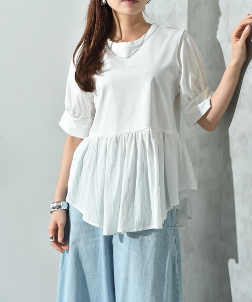 INTERPLANET（インタープラネット）の「異素材使い半袖プルオーバー（Tシャツ/カットソー・レディース・ブラウン/チャコールグレー/オフホワイト・FREE）」の6枚目の写真