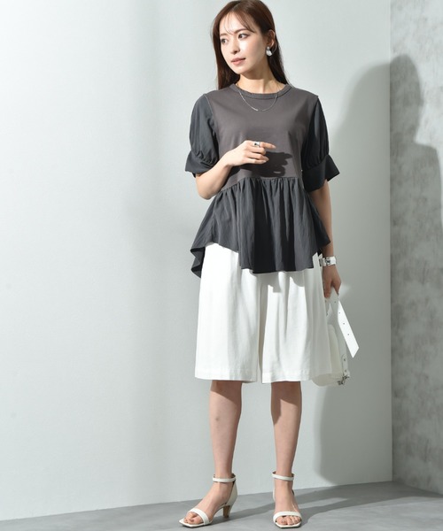 INTERPLANET（インタープラネット）の「異素材使い半袖プルオーバー（Tシャツ/カットソー・レディース・ブラウン/チャコールグレー/オフホワイト・FREE）」の7枚目の写真