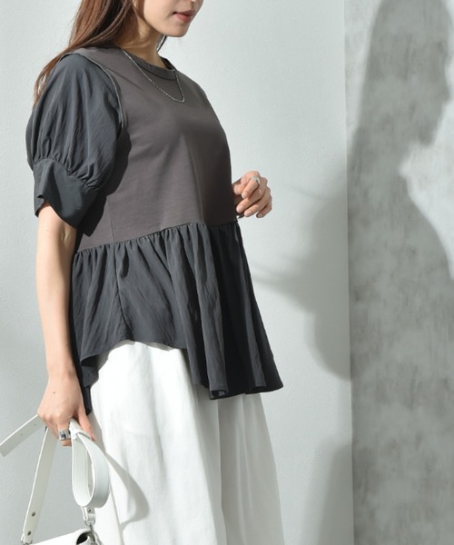 INTERPLANET（インタープラネット）の「異素材使い半袖プルオーバー（Tシャツ/カットソー・レディース・ブラウン/チャコールグレー/オフホワイト・FREE）」の10枚目の写真