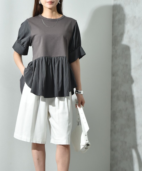 INTERPLANET（インタープラネット）の「異素材使い半袖プルオーバー（Tシャツ/カットソー・レディース・ブラウン/チャコールグレー/オフホワイト・FREE）」の8枚目の写真