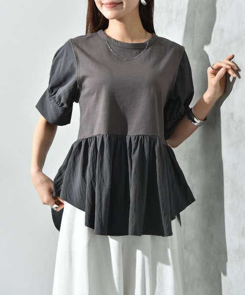 INTERPLANET（インタープラネット）の「異素材使い半袖プルオーバー（Tシャツ/カットソー・レディース・ブラウン/チャコールグレー/オフホワイト・FREE）」の12枚目の写真