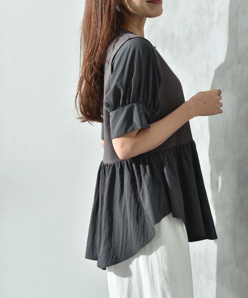 INTERPLANET（インタープラネット）の「異素材使い半袖プルオーバー（Tシャツ/カットソー・レディース・ブラウン/チャコールグレー/オフホワイト・FREE）」の13枚目の写真