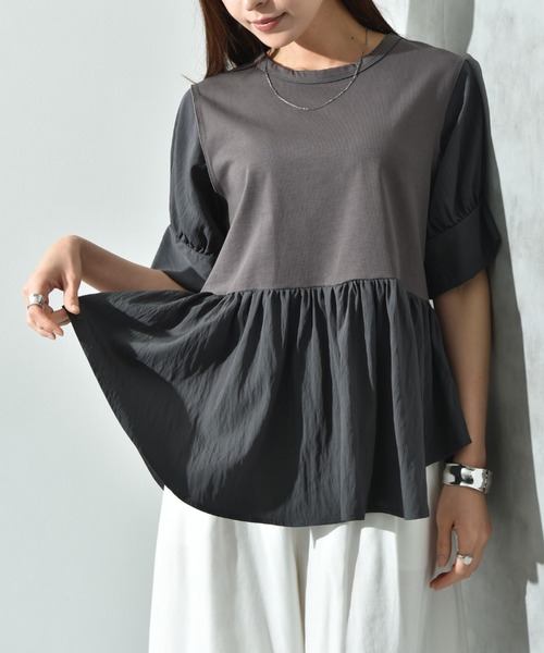 INTERPLANET（インタープラネット）の「異素材使い半袖プルオーバー（Tシャツ/カットソー・レディース・ブラウン/チャコールグレー/オフホワイト・FREE）」の14枚目の写真