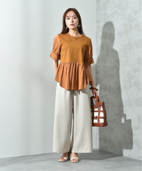 INTERPLANET（インタープラネット）の「異素材使い半袖プルオーバー（Tシャツ/カットソー・レディース・ブラウン/チャコールグレー/オフホワイト・FREE）」の15枚目の写真