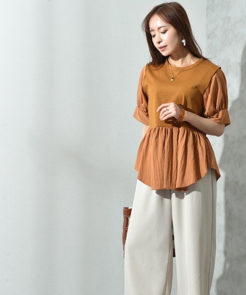 INTERPLANET（インタープラネット）の「異素材使い半袖プルオーバー（Tシャツ/カットソー・レディース・ブラウン/チャコールグレー/オフホワイト・FREE）」の16枚目の写真