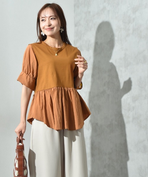 INTERPLANET（インタープラネット）の「異素材使い半袖プルオーバー（Tシャツ/カットソー・レディース・ブラウン/チャコールグレー/オフホワイト・FREE）」の18枚目の写真