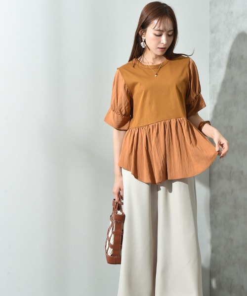 INTERPLANET（インタープラネット）の「異素材使い半袖プルオーバー（Tシャツ/カットソー・レディース・ブラウン/チャコールグレー/オフホワイト・FREE）」の19枚目の写真