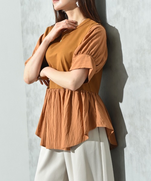 INTERPLANET（インタープラネット）の「異素材使い半袖プルオーバー（Tシャツ/カットソー・レディース・ブラウン/チャコールグレー/オフホワイト・FREE）」の21枚目の写真