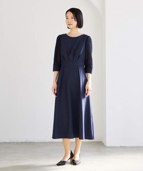 レース袖×ウエストタックフィット&フレアワンピース（ワンピース
