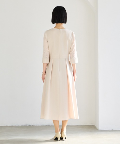 未使用 AIMER エメ ドレス　レース　フレアワンピース　ロングワンピース レース袖×ウエストタックフィット＆フレアワンピース(M ピンク