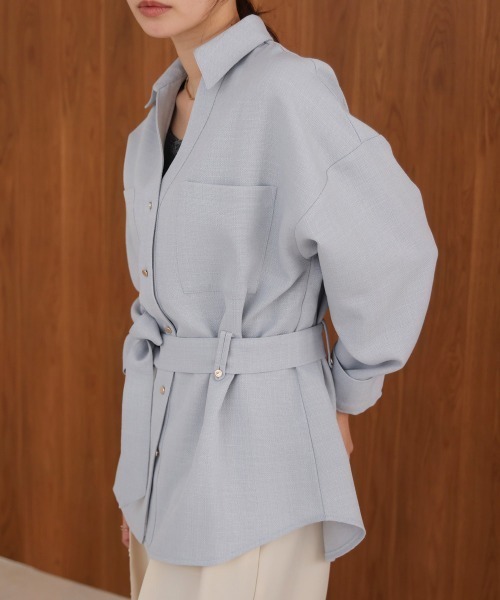 Bab（バブ）の「【セットアップ対応】ツイードベルト付きシャツジャケット（テーラードジャケット・レディース・ブルー/モカ・M）」の18枚目の写真