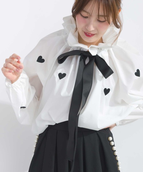 ブラウス シャツ ハート刺繍ビッグカラーグログランリボンブラウス レディース 楽天市場】PICCIN ハート刺繍ビッグカラーグログランリボン