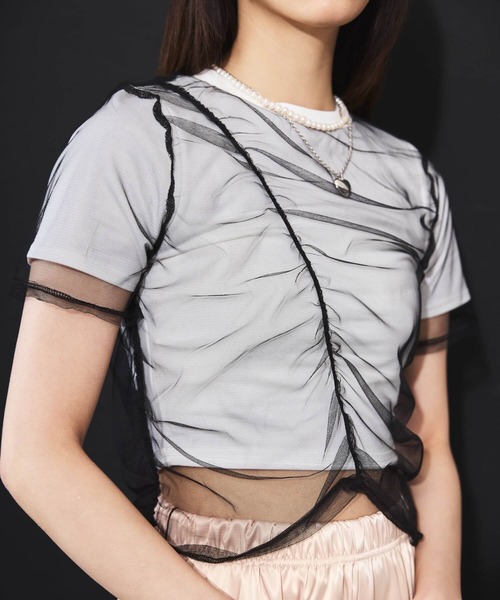 DIP IN CHOCOLATE(ディップインチョコレート)の「シアーシャーリングドッキングクロップドTシャツ【DIP IN CHOCOLATE】(Tシャツ/カットソー・レディース・ホワイト×ブラック/ブラック/オフホワイト/グレー・F)」の7枚目の写真