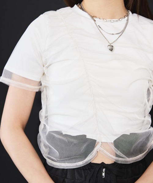 DIP IN CHOCOLATE(ディップインチョコレート)の「シアーシャーリングドッキングクロップドTシャツ【DIP IN CHOCOLATE】(Tシャツ/カットソー・レディース・ホワイト×ブラック/ブラック/オフホワイト/グレー・F)」の13枚目の写真