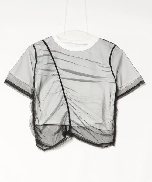 DIP IN CHOCOLATE(ディップインチョコレート)の「シアーシャーリングドッキングクロップドTシャツ【DIP IN CHOCOLATE】(Tシャツ/カットソー・レディース・ホワイト×ブラック/ブラック/オフホワイト/グレー・F)」の9枚目の写真