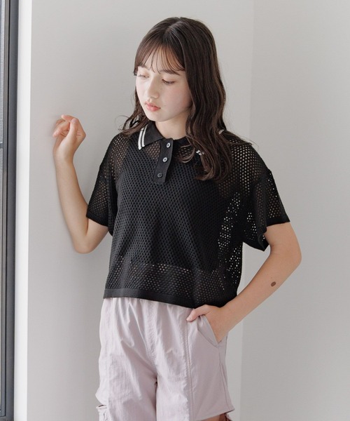GLOBAL WORK（グローバルワーク）の「洗えるメッシュニットポロ半袖/329311（ニット/セーター・キッズ・ブラック/アイボリー・160cm/150cm/140cm/130cm）」の7枚目の写真