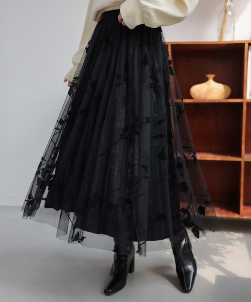 ✩定価35000円✩1回のみ着用✩黒フレアスカート　2段フリル チュールスカート フレアスカート プリーツスカート黒[品番