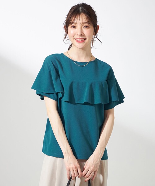 ANY SIS(エニィスィス)の「【前後着用・UVケア・洗える】2WAYジョーゼットジャージーフリル カットソー(Tシャツ/カットソー・レディース・アイボリー系/黄土色系/ネイビー系/ダークグリーン系・4)」の3枚目の写真