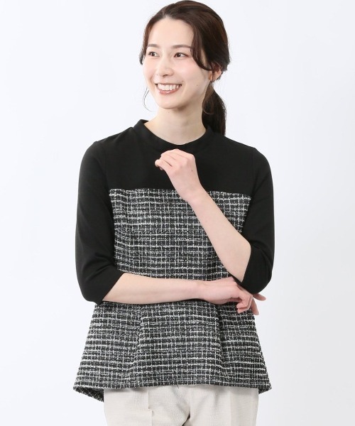 m.f.editorial（エムエフエディトリアル）の「【ウォッシャブル】m.f.エディトリアル レディース カットツイード ストレッチ 切り替えTシャツ（Tシャツ/カットソー・レディース・ベージュ/ブラック・FREE）」の2枚目の写真