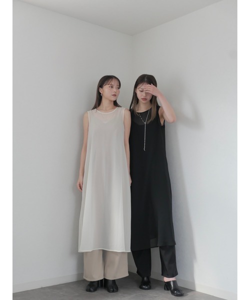 Reurie'（レウリィ）の「オリジナルシフォンワンピース / ノースリーブ レイヤード 重ね着 きれいめ オケージョン モード 大人カジュアル シアー素材 シースルー（ワンピース・レディース・ブラック/ベージュ・FREE）」の12枚目の写真