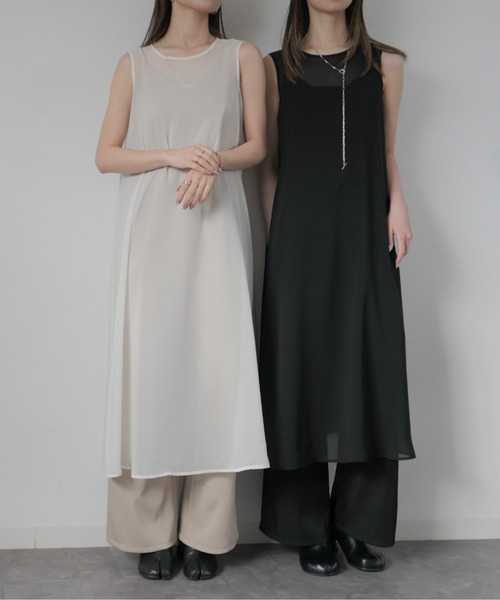 Reurie'（レウリィ）の「オリジナルシフォンワンピース / ノースリーブ レイヤード 重ね着 きれいめ オケージョン モード 大人カジュアル シアー素材 シースルー（ワンピース・レディース・ブラック/ベージュ・FREE）」の13枚目の写真