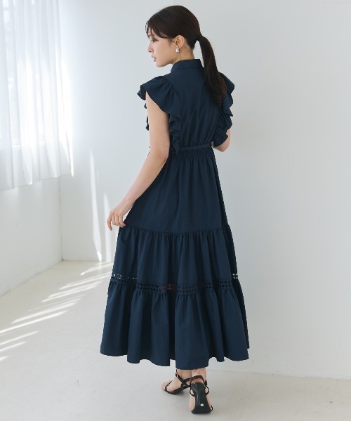 And Coutureワンピース コットンレースフリルシャツワンピース　ネイビー アンドクチュール AND COUTURE コットンレースフリルシャツ