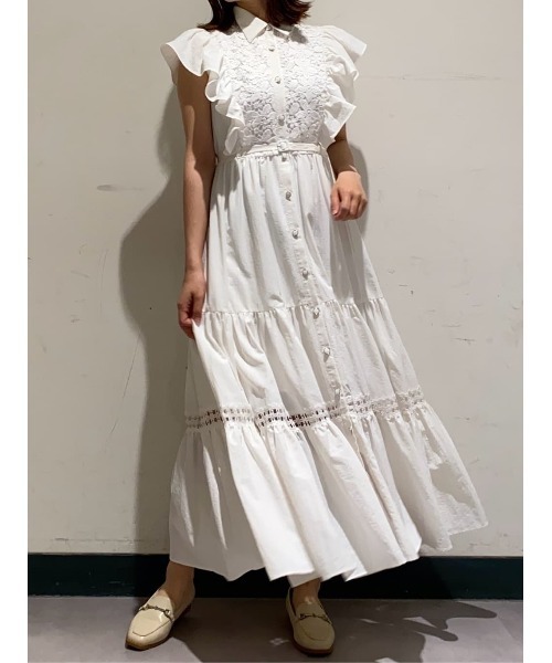 And Coutureワンピース コットンレースフリルシャツワンピース　ネイビー And Couture ワンピース コットンレースフリルシャツワンピース