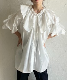 She's Closet（シーズクローゼット）の「ビッグカラーギャザー半袖リボンフリルブラウスチュニック（シャツ/ブラウス）」