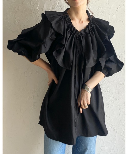She's Closet(シーズクローゼット)の「ビッグカラーギャザー半袖リボンフリルブラウスチュニック(シャツ/ブラウス・レディース・ブラック/ホワイト/ライトグレー・FREE)」の8枚目の写真