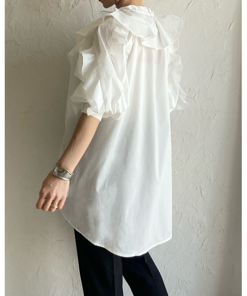 She's Closet(シーズクローゼット)の「ビッグカラーギャザー半袖リボンフリルブラウスチュニック(シャツ/ブラウス・レディース・ブラック/ホワイト/ライトグレー・FREE)」の9枚目の写真