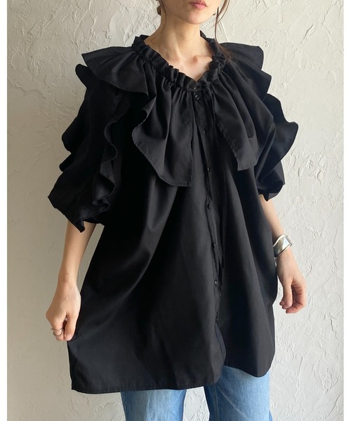 She's Closet(シーズクローゼット)の「ビッグカラーギャザー半袖リボンフリルブラウスチュニック(シャツ/ブラウス・レディース・ブラック/ホワイト/ライトグレー・FREE)」の10枚目の写真