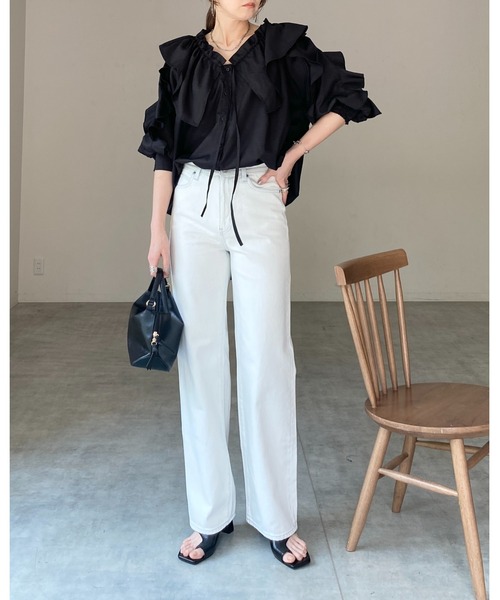 She's Closet(シーズクローゼット)の「ビッグカラーギャザー半袖リボンフリルブラウスチュニック(シャツ/ブラウス・レディース・ブラック/ホワイト/ライトグレー・FREE)」の16枚目の写真