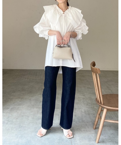She's Closet(シーズクローゼット)の「ビッグカラーギャザー半袖リボンフリルブラウスチュニック(シャツ/ブラウス・レディース・ブラック/ホワイト/ライトグレー・FREE)」の17枚目の写真