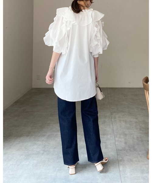She's Closet(シーズクローゼット)の「ビッグカラーギャザー半袖リボンフリルブラウスチュニック(シャツ/ブラウス・レディース・ブラック/ホワイト/ライトグレー・FREE)」の21枚目の写真