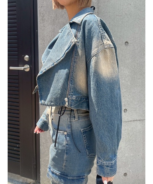 EVRIS(エヴリス)の「グラデーションデニムショートライダース【セットアップ着用可能】(デニムジャケット・レディース・ブラウン/ブルー/インディゴブルー・FREE)」の10枚目の写真