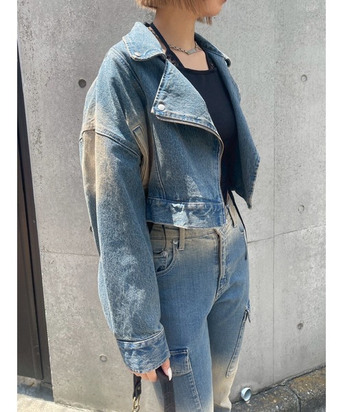 EVRIS(エヴリス)の「グラデーションデニムショートライダース【セットアップ着用可能】(デニムジャケット・レディース・ブラウン/ブルー/インディゴブルー・FREE)」の8枚目の写真