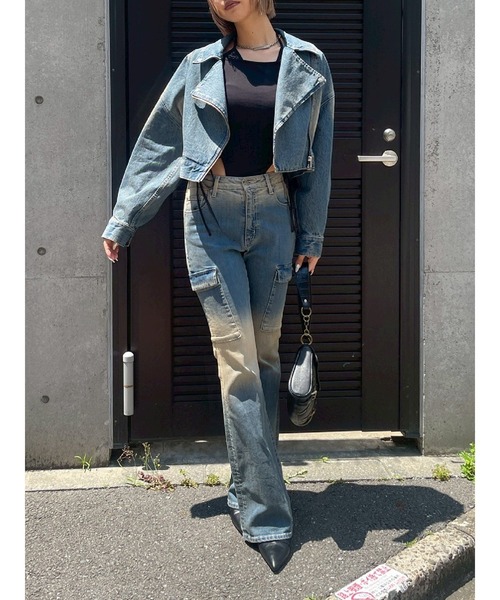 EVRIS(エヴリス)の「グラデーションデニムショートライダース【セットアップ着用可能】(デニムジャケット・レディース・ブラウン/ブルー/インディゴブルー・FREE)」の15枚目の写真