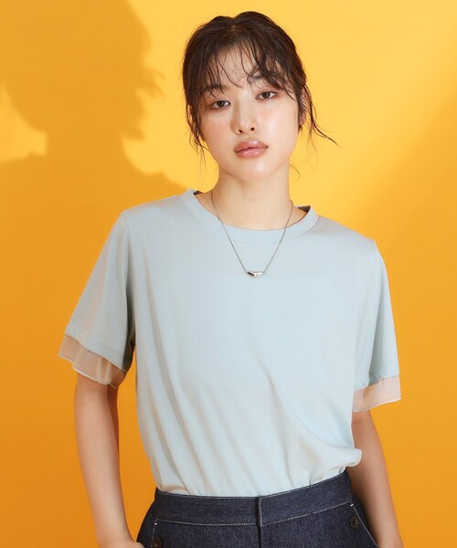 THE SHOP TK (ザ ショップ ティーケー )の「【再入荷】袖シアーTシャツ【接触冷感/UV/洗濯機OK】(Tシャツ/カットソー・レディース・オフホワイト/ブラック/サックスブルー/ダークブラウン・12/13)」の4枚目の写真