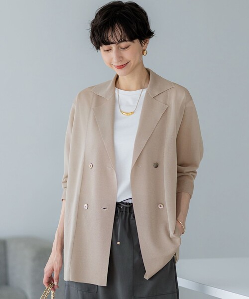 セール】【洗える】シアー ダブルブレスト ニット ジャケット