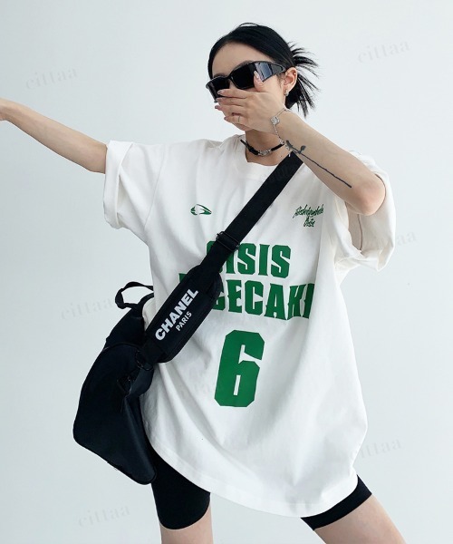 Dalfwin（ダールフィン）の「韓国ファッション 6ロゴデザイン半袖Tシャツ（Tシャツ/カットソー・レディース・グレー/ホワイト・FREE）」の5枚目の写真