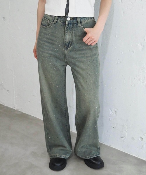 tiptop(ティップトップ)の「【2サイズ展開】ラインストーンワイドパンツ(デニムパンツ・レディース・ブラック/ダークブルー/サックスブルー・S/M)」の3枚目の写真