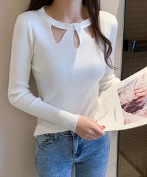 ニットトップス ツイスト ラウンドネック レディース トップス シンプル 通勤 オフィス 秋冬 ショート丈
