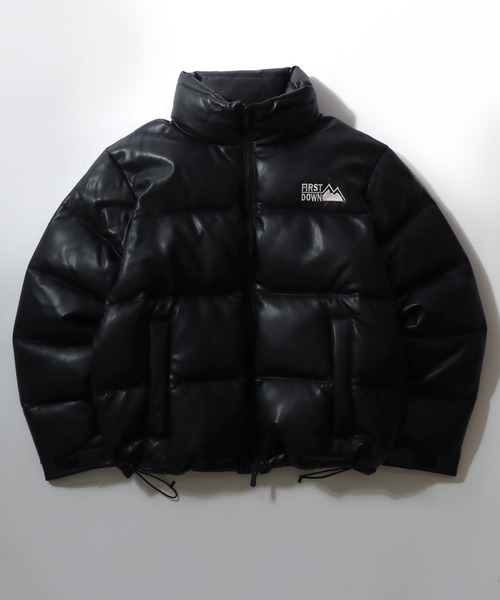  ブラック 合成皮革 ダウンジャケット GU公式 | ヒートパデッドフェイクレザーブルゾン