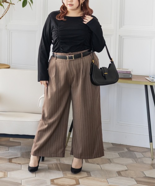 CLETTE（クレット）の「CLETTEオリジナルストライプ柄ワイドパンツ（その他パンツ・レディース・ネイビー/グレー/ブラウン・LL/4L/3L）」の10枚目の写真