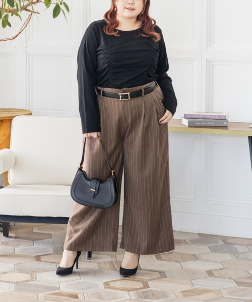 CLETTE（クレット）の「CLETTEオリジナルストライプ柄ワイドパンツ（その他パンツ・レディース・ネイビー/グレー/ブラウン・LL/4L/3L）」の11枚目の写真
