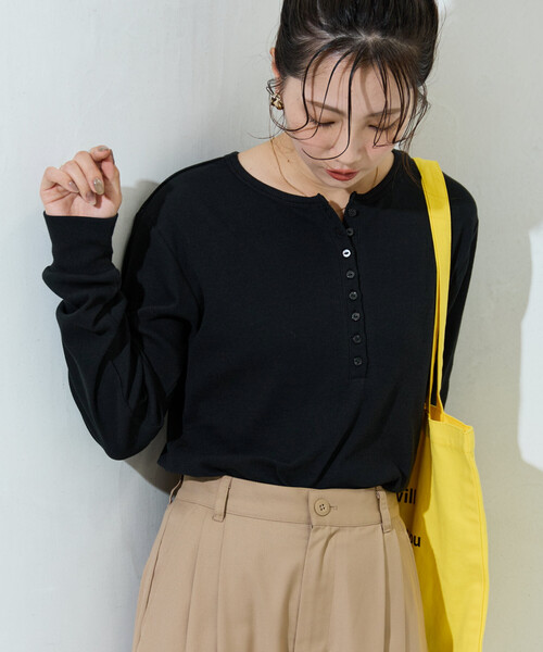 ✨残り１点✨ロングTシャツ 長袖 リブカットソー ヘンリーネックロングスリーブ 7.6オンス USAコットン 袖リブ ヘンリーネック ロングスリーブ T