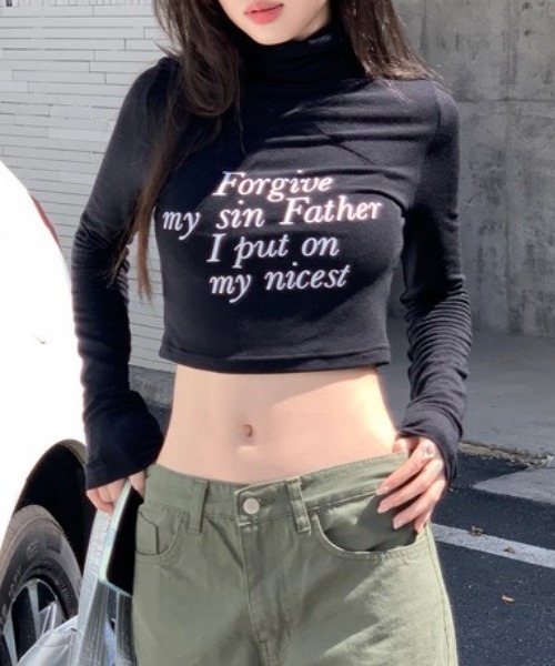 Vipoa（ヴィポア）の「ハイネックメッセージプリントカットソー（Tシャツ/カットソー・レディース・アイボリー/ブラック/グリーン/ブルー/ブラウン・FREE）」の8枚目の写真