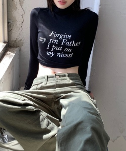 Vipoa（ヴィポア）の「ハイネックメッセージプリントカットソー（Tシャツ/カットソー・レディース・アイボリー/ブラック/グリーン/ブルー/ブラウン・FREE）」の10枚目の写真